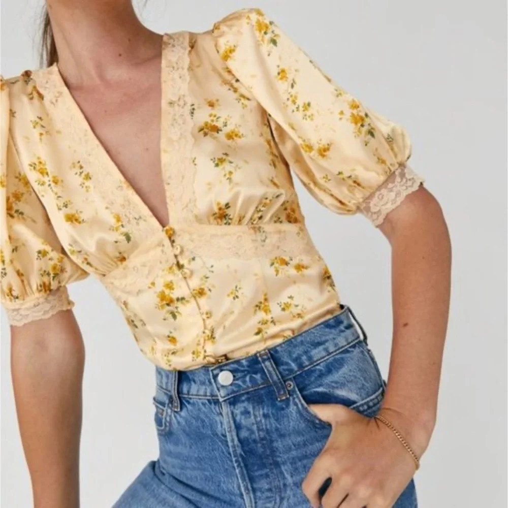 Reformation Yellow Floral Lace-Trim Puff Sleeve Top